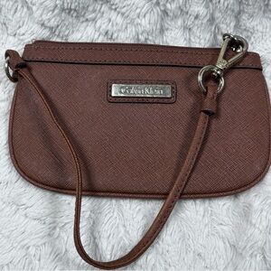 Brown Vegan Calvin Klein Zippered Wristlet Gold Hardware